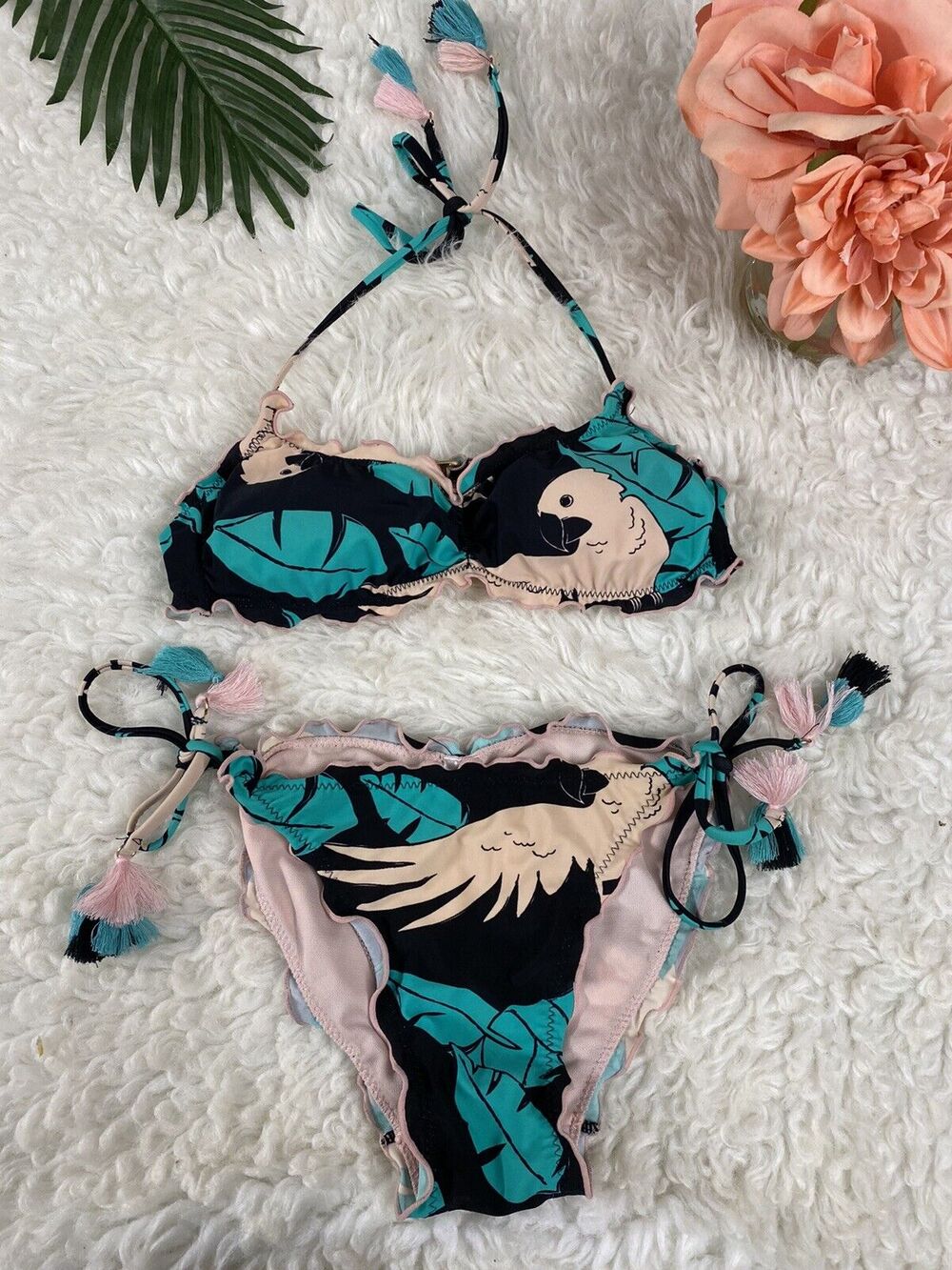 WOMEN'S TEAL Floral NO BOUNDARIES Two Piece Swimsuit bikini SZ SM (3-5) TASSEL